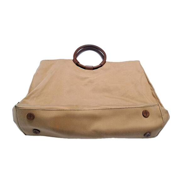 VINTAGE Fossil Canvas Handbag Leather Trim Circle Ring Round Handles Purse - Picture 3 of 7